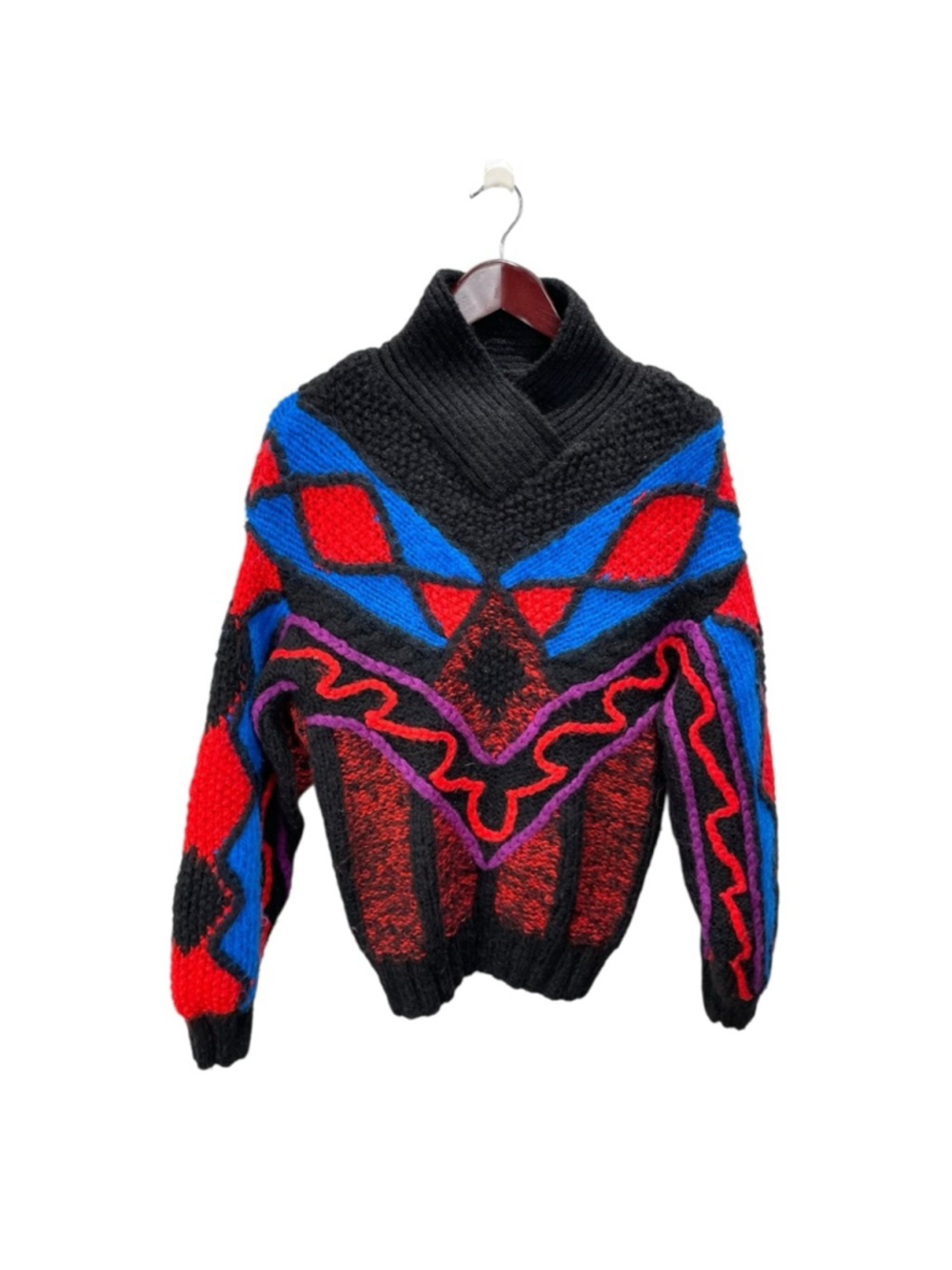 ** VTG 80s Wool Intarsia Multicolor Shawl Collar Pullover Sweater Size M